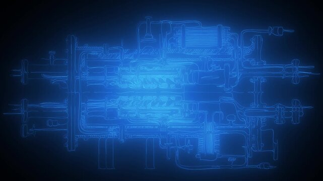 Modern industrial machinery glowing blueprint schematic animation for