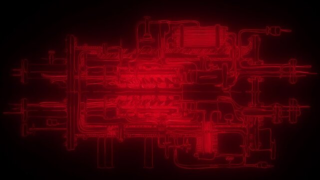 Glowing red industrial engine parts animation with intricate