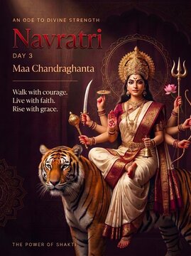 Divine hindu goddess maa chandraghanta seated on powerful tiger for navratri religious observance with deity