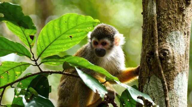 A squirrel monkey peeking out from behind green leaves in a forest setting
