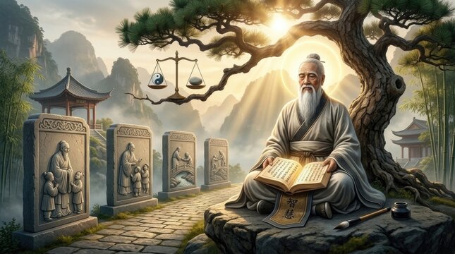 Confucian master meditation: ancient sage, moral philosophy, righteous doctrine, ethical teaching, traditional wisdom, filial respect, peaceful harmony, ritual propriety, spiritual discipline.