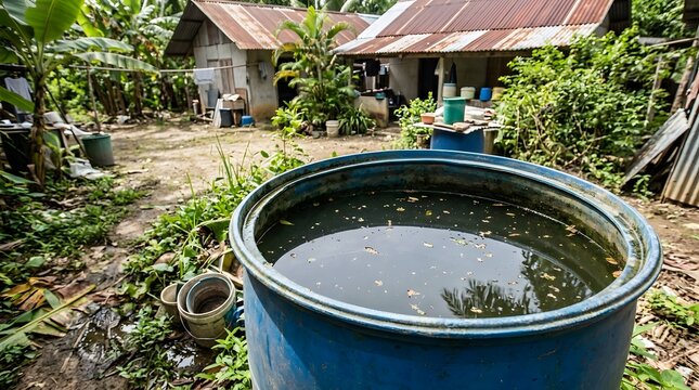 Blue rain barrel collects water in a lush overgrown garden setting