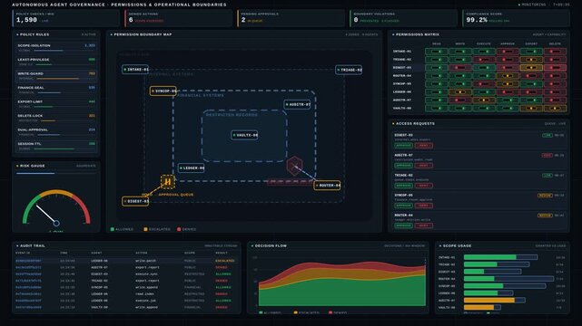 An advanced enterprise autonomous AI dashboard displays monitoring of agent permissions and operational boundaries with dynamic feedback on access requests and compliance metrics.
