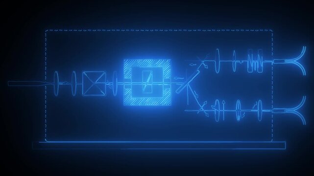 Futuristic computer chip schematic animation on glowing blue screen