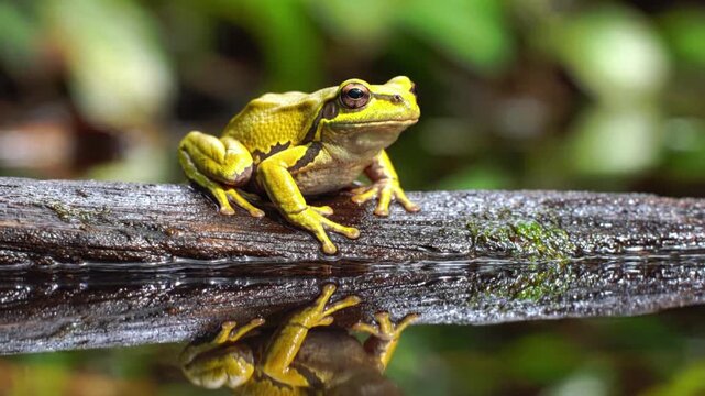 A vibrant yellow tree frog sits motionless on a wet wooden log floating above calm reflective water