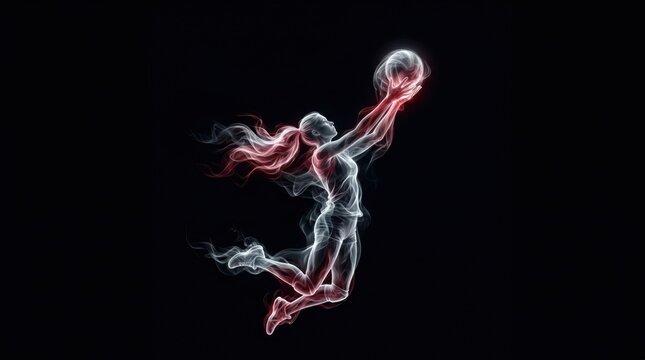 Abstract smoke art of a female basketball player jumping and shooting a glowing ball on dark background
