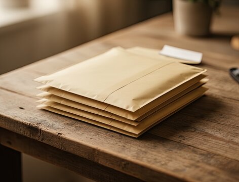 Stacked envelopes create clean and organized workspace. Natural light enhances warm tones of paper and wooden table. This setup is ideal for business and office environments
