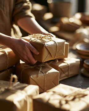 Person wrapping brown paper parcels with twine on a table