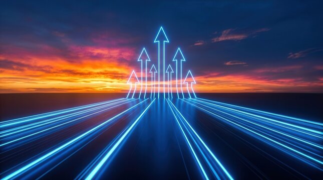Multiple luminous arrows converge upward from a glowing road stretching toward the horizon under a vibrant sunset sky.