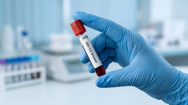 Scientist holding a blood sample in a laboratory setting for medical research