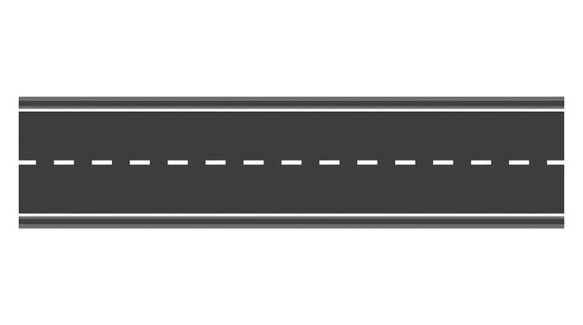 Straight paved road section with white lane markings with section asphalt on transparent background