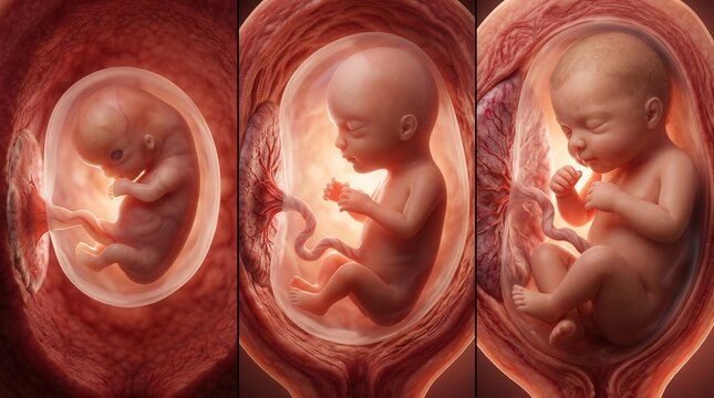Medical visualization of prenatal gestation illustrating the growth of a child through various fetal development stages.