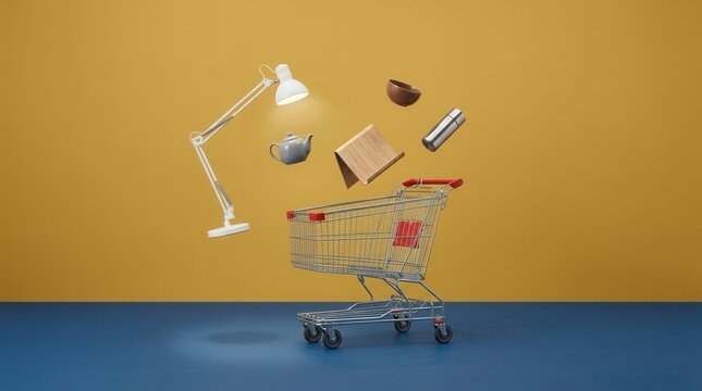 Everyday purchases represented by a shopping cart and floating kitchen items against a warm backdrop.