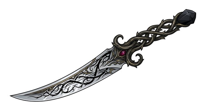 Fantasy dagger with thorn hilt, magical crystal pommel, and ruby gem, isolated on white background