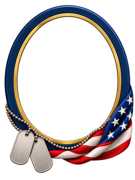 American flag frame with military dog tags isolated on transparent background featuring oval gold and blue border design, patriotic graphic resource for veterans day memorial remembrance service