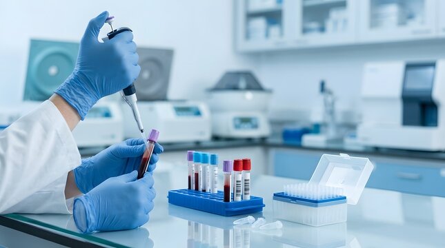 Scientist conducting research with test tubes in a modern laboratory setting