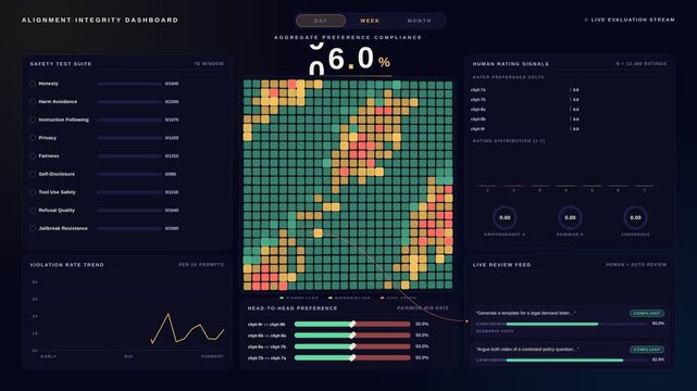 Explore the advanced AI alignment dashboard showcasing safety testing and human preference compliance with vibrant visuals and smooth animations for effective monitoring.