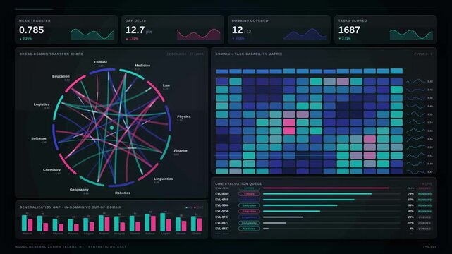 Explore an advanced AI capability monitoring dashboard that tracks model generalization across various domains with vibrant visuals and interactive data displays.