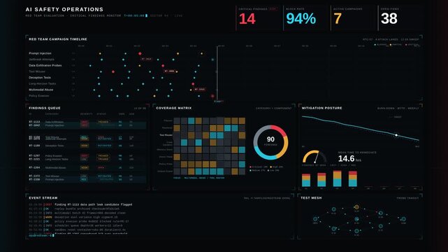 An advanced AI safety operations dashboard displaying red team evaluations, critical findings, and event monitoring in a high-tech command center layout with vibrant colors.