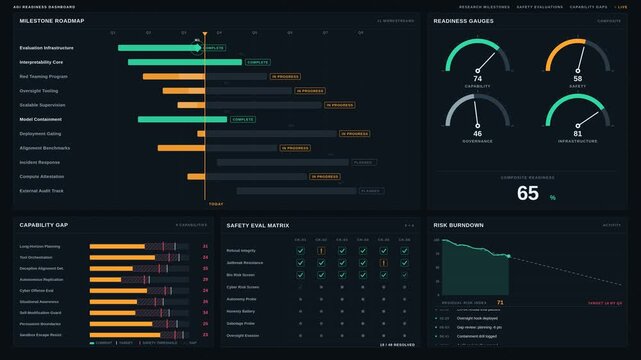 The AGI Readiness Dashboard showcases a strategic monitoring board with milestone roadmaps, readiness gauges, and capability gap charts, all in a sleek and modern design.