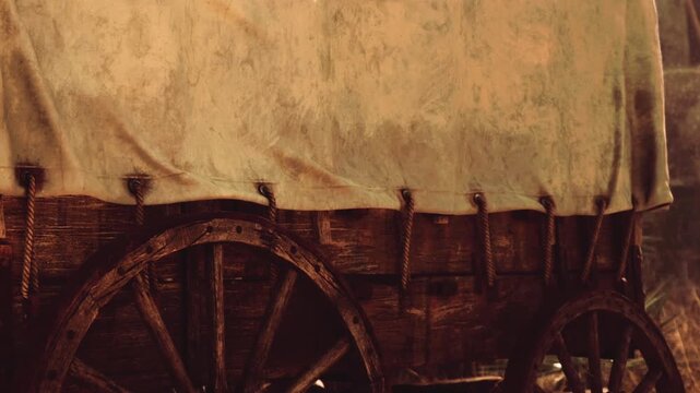 A vintage wooden wagon stands quietly, its wheels sturdy and roughened by time. The canvas cover, faded and worn, shields it from the gentle sun that filters through surrounding greenery.