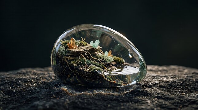 Miniature ecosystem with moss, roots and crystals inside a clear water droplet shaped glass orb on dark rock