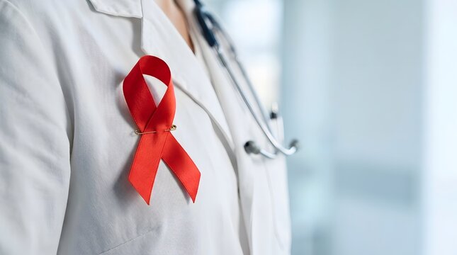 Doctor wearing a red ribbon symbolizing support for hiv and aids awareness