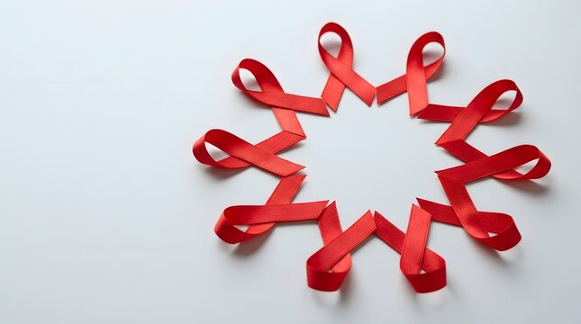 Red ribbon awareness loop arranged in a circular flower shape on white