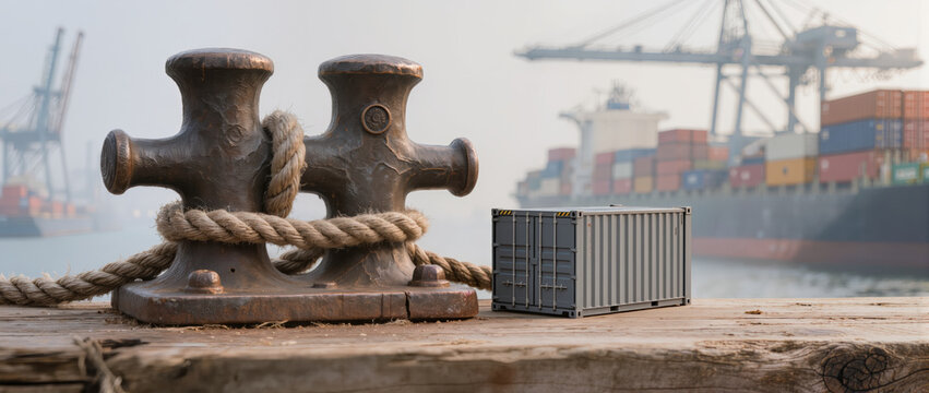 Harbor bollard and cargo container illustrate busy global supply chain