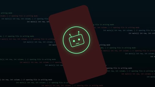 Futuristic glowing artificial intelligence robot icon overlaying dark computer programming source code on screen