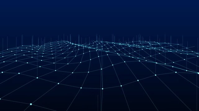 Abstract digital landscape featuring glowing blue data grid lines and connection points moving dynamically across cyberspace