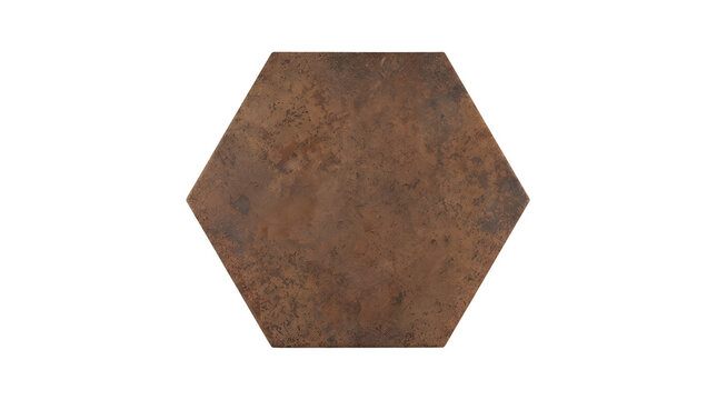 Hexagonal tile with a rustic brown metal texture with single hexagon tile on transparent background