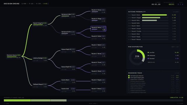 Visualize the complex decision-making process with an AI decision tree dashboard showcasing automated reasoning and outcome probabilities in vibrant colors and engaging animations.