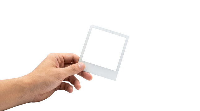 Polaroid frame mockup, person holding empty instant photo paper, blank retro picture template for design isolated on Transparent Background