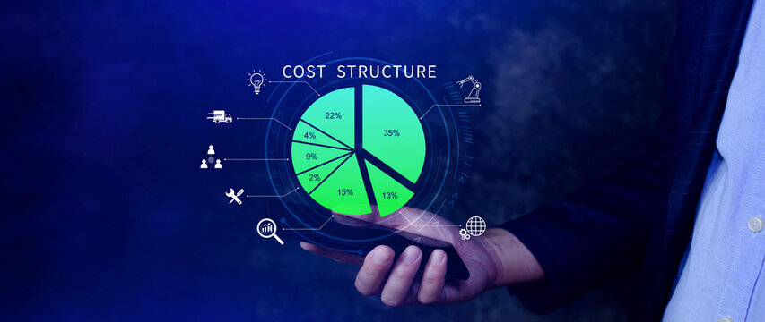Cost structure concept. Strategic cost structure financial analysis with pie chart, business growth, profit and loss management planning. not ai