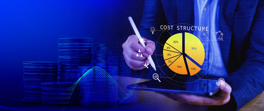 Cost structure concept. Strategic cost structure financial analysis with pie chart, business growth, profit and loss management planning. not ai