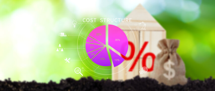 Cost structure concept. Strategic cost structure financial analysis with pie chart, business growth, profit and loss management planning. not ai