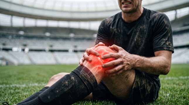 Close up of faceless soccer player holding painful knee with red glowing highlight sitting on pitch