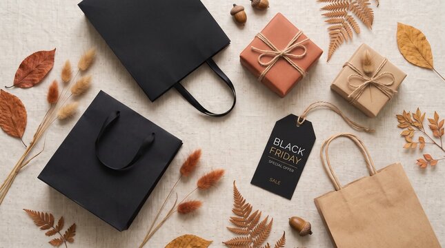 Black Friday shopping bags and gifts with autumn leaves