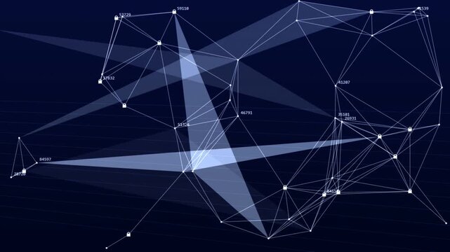 Digital network security data visualization with glowing nodes and complex geometric connections against dark background