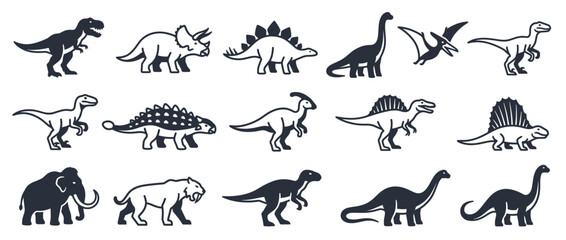 Dinosaur silhouettes isolated on white background. Prehistoric creature icons. Tyrannosaurus, Stegosaurus, Triceratops, Brachiosaurus, Pterodactyl, Ankylosaurus, Parasaurolophus, Diplodocus,. © foosolatext