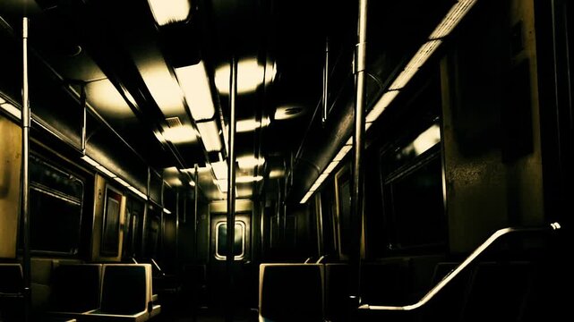 A quiet subway journey unfolds in the late hours, with dim lights illuminating rows of empty seats. The metallic interior reflects a sense of solitude as the train moves smoothly.