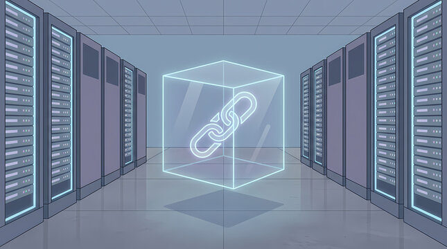Blockchain Technology Concept with Glowing Hypercube Link in Server Room