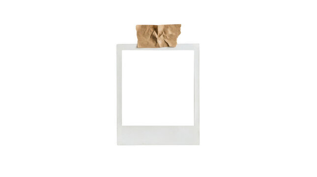 Minimalist polaroid photo frame, blank instant picture mockup taped with brown paper tape, retro photography template for scrapbooking and memory display isolated on Transparent Background