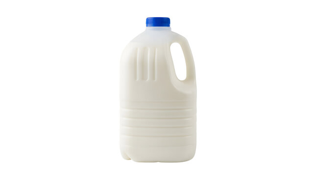Large plastic jug of milk with a blue cap with filled milk with container on transparent background