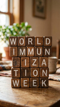World Immunization Week concept with wooden blocks on table medical health awareness