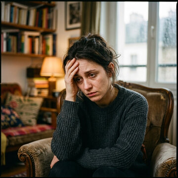 Worried Woman Sitting in Armchair Expressing Sadness and Stress Indoor Home Setting Close up Portrait