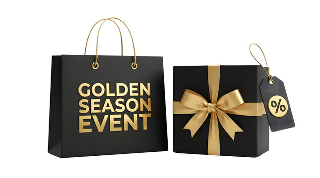 Black shopping bag and gift box with golden details with golden text on transparent background