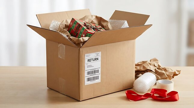 Open cardboard box with christmas gift being returned on a wooden