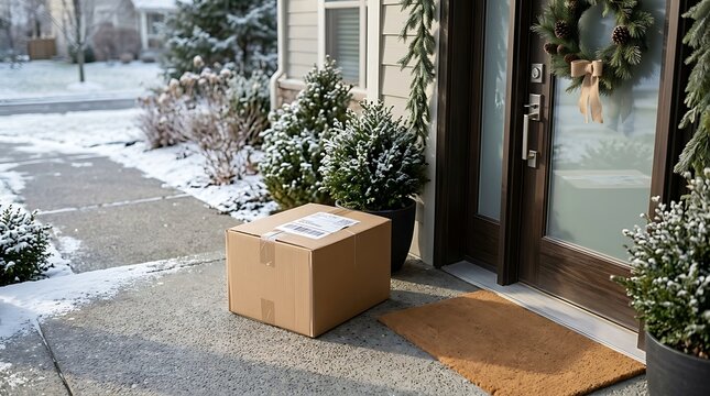 Cardboard delivery parcel left on a snowy front porch during the
